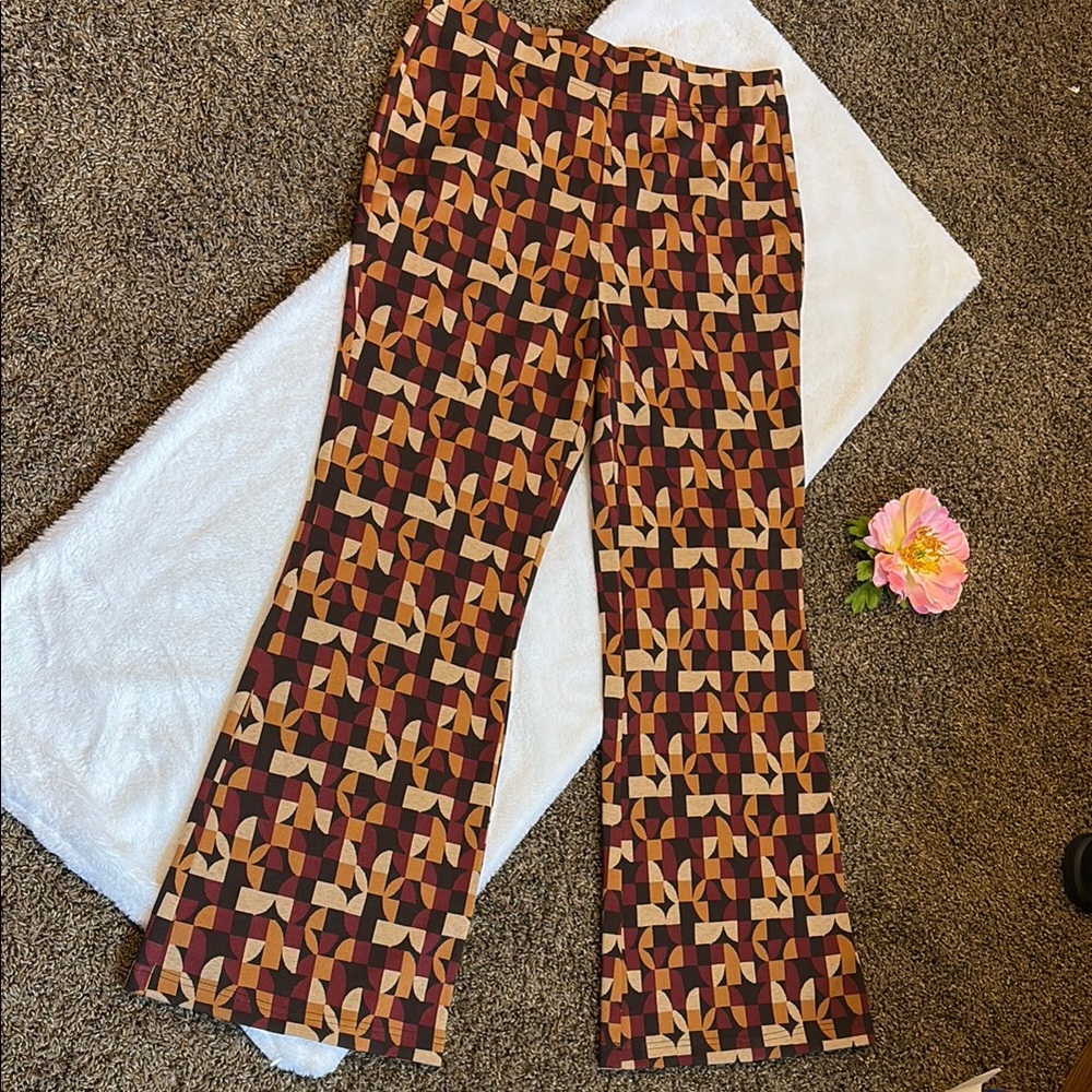 Brown and Orange Flare Pants with Retro Pattern